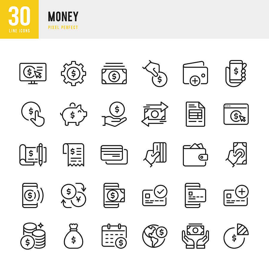 Money - thin line vector icon set. Pixel perfect. The set contains icons: Credit Card, Money Bag, Mobile Payment, Coins, Piggy Bank. Drawing by Fonikum