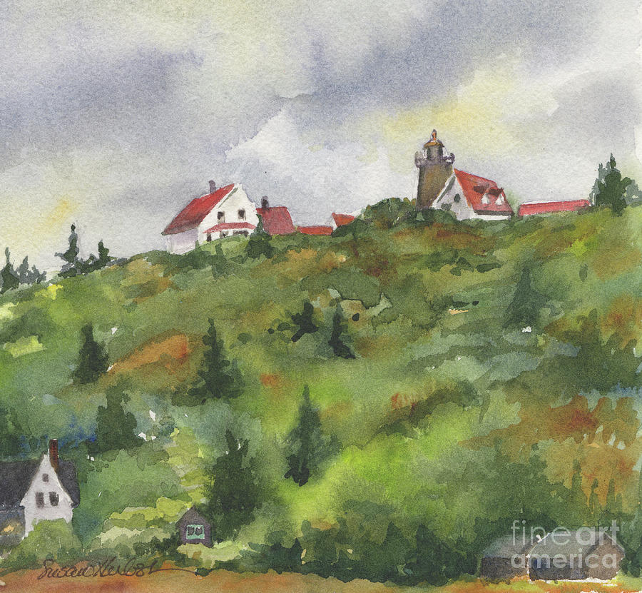 Monhegan Lighthouse on a Rainy Day Painting by Susan Herbst