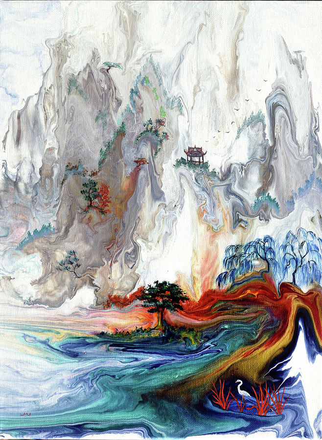 Monk and Egret Beneath a Mountaintop Shrine Painting by Laura Iverson