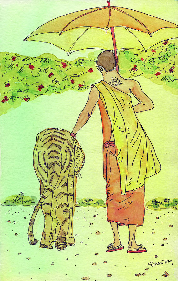 Tiger Painting - Monk and his Tiger by Trisha Ray