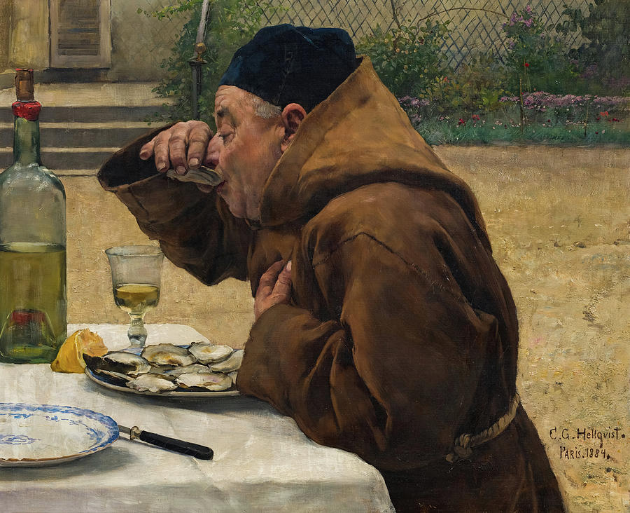 Wine Painting - Monk having Oysters by Carl Gustaf Hellqvist