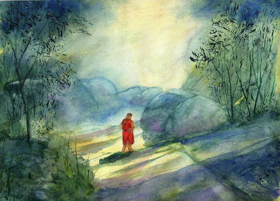 Monk Leaving Bamboo Forest Painting by Randy Sprout