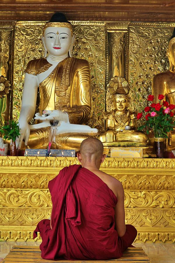 Monk Meditating In Front Of Golden Buddha Statue Temple Yangon Myanmar Photograph By Ludovica Mascaretti