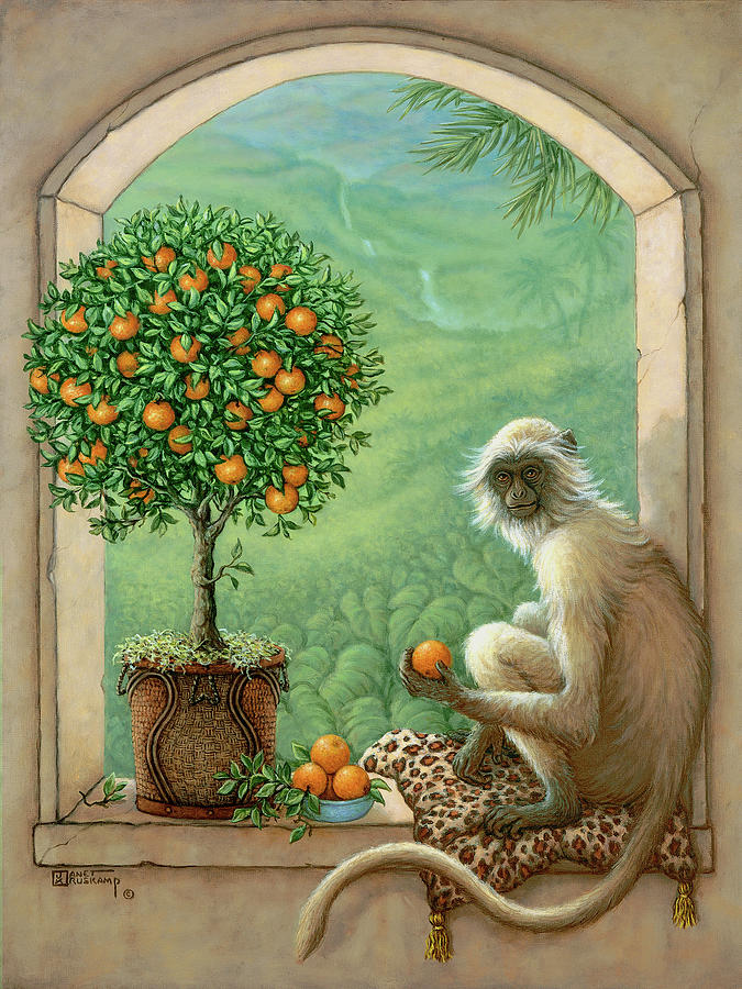 Monkey and Orange Tree Painting by Janet Kruskamp