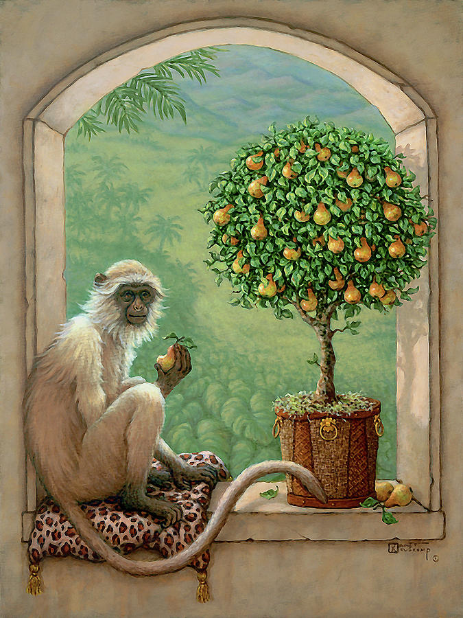 Monkey and Pear Tree Painting by Janet Kruskamp