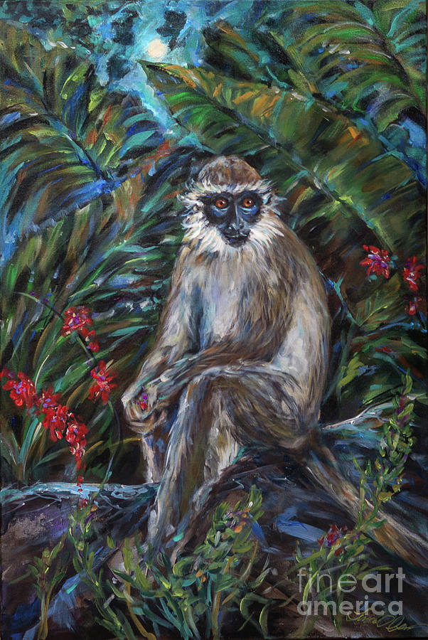 Monkey in the Moonlight Painting by Linda Olsen