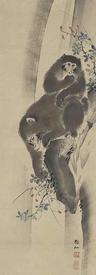 Monkeys and waterfall Painting by Mori Sosen - Fine Art America