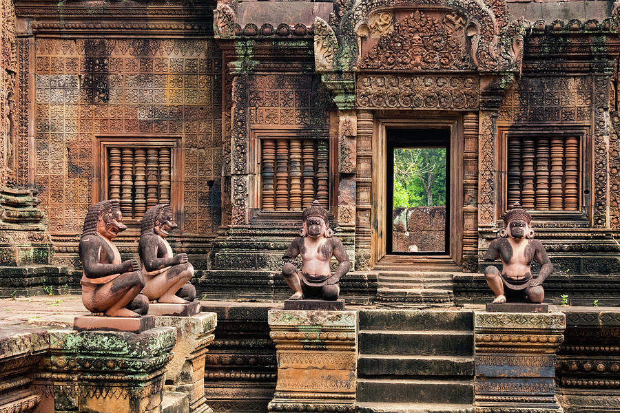 Monkeys guarding Banteay Srei Temple Photograph by Dan Hartford