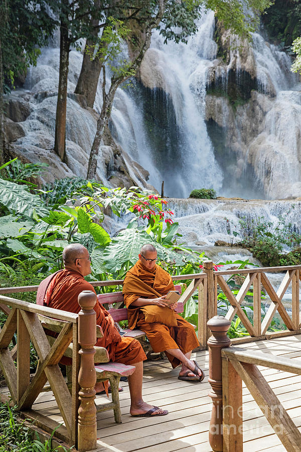 Monks at the Kuang Si Falls, Laos Photograph by Arterra Picture Library