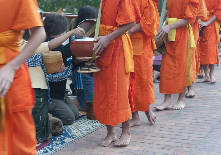 Monks Collecting Alms in Luang Prabang, Laos Photograph by Leezsnow