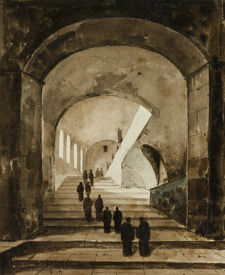 Monks on the Staircase of the Villa of Maecenas at Tivoli Drawing by Francois Marius Granet