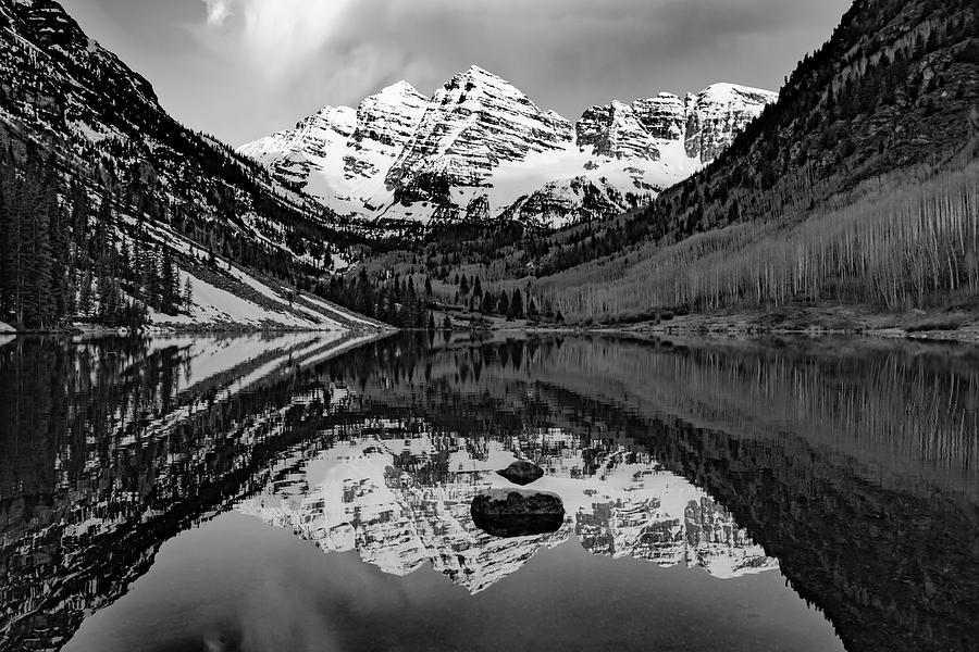 Monochromatic Mountain Peaks Of The Maroon Bells - Black and White Photograph by Gregory Ballos