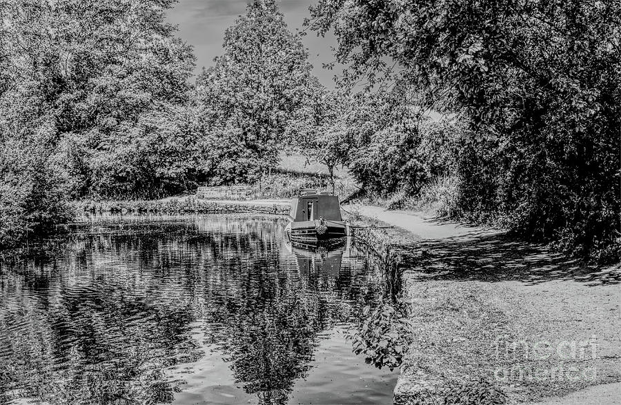 Monochrome Barge on river-Chadderton Hall Park Photograph by Pics By Tony