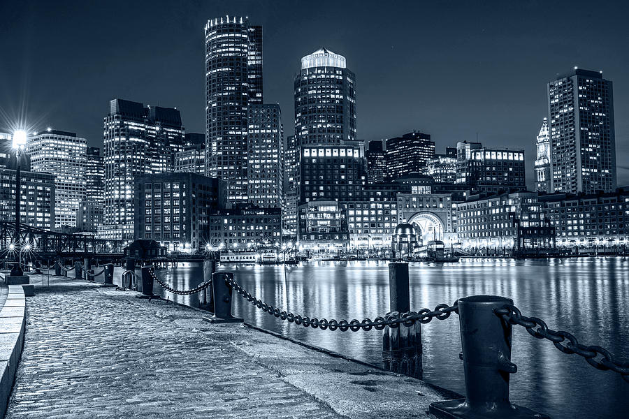 Boston Photograph - Monochrome Blue Boston Waterfront Boston Skyline Boston MA by Toby McGuire