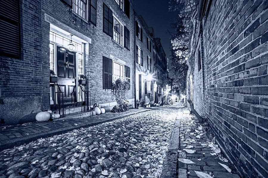 Monochrome Blue Nights Acorn Street Autumn Boston Mass Photograph by Toby McGuire
