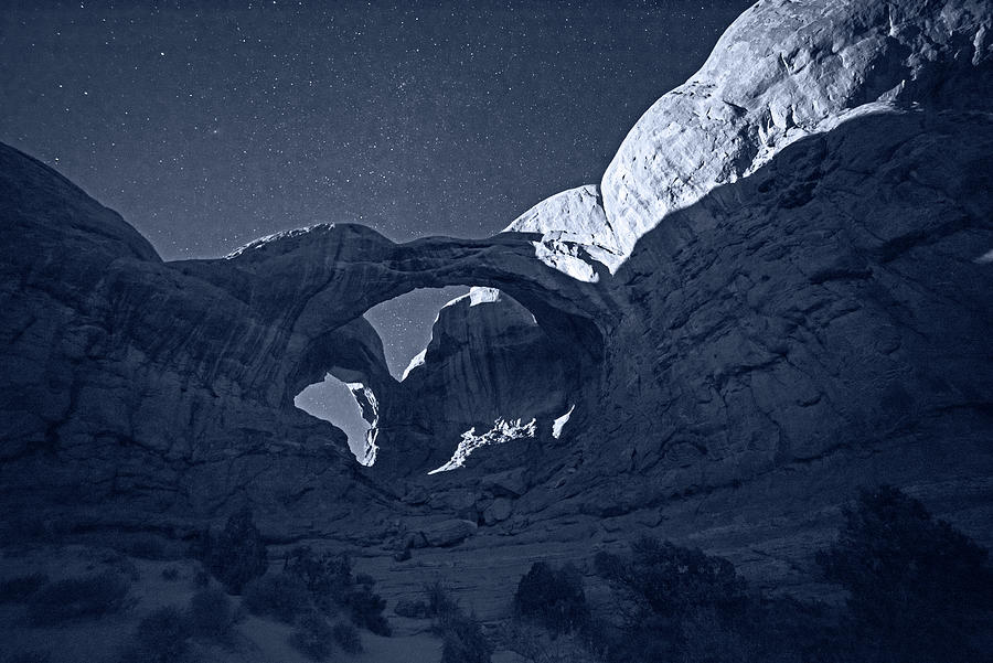 Monochrome Blue Nights Arches National Park Double Arch in the Moonlight Moab Utah Photograph by Toby McGuire