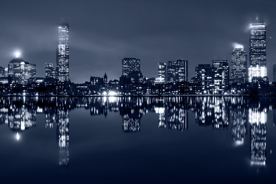 Monochrome Blue Nights Charles RIver Rainy Night Clear Reflection Photograph by Toby McGuire