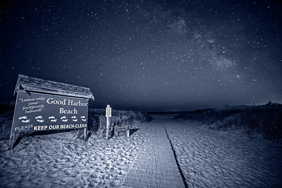 Monochrome Blue Nights Good Harbor Beach Sign Under the Stars and Milky Way Photograph by Toby McGuire