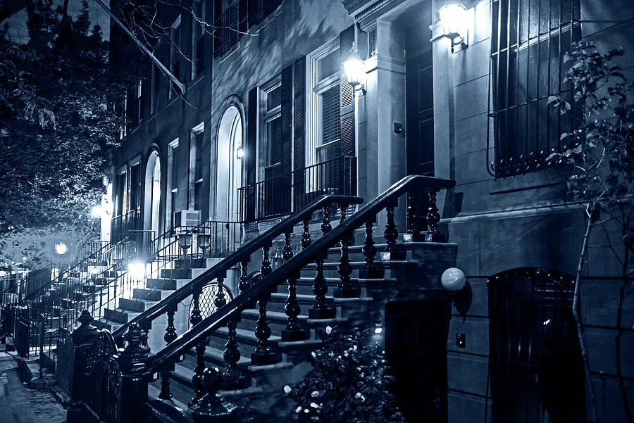 Monochrome Blue Nights New York City Brownstones  Hells Kitchen Chelsea NY Photograph by Toby McGuire