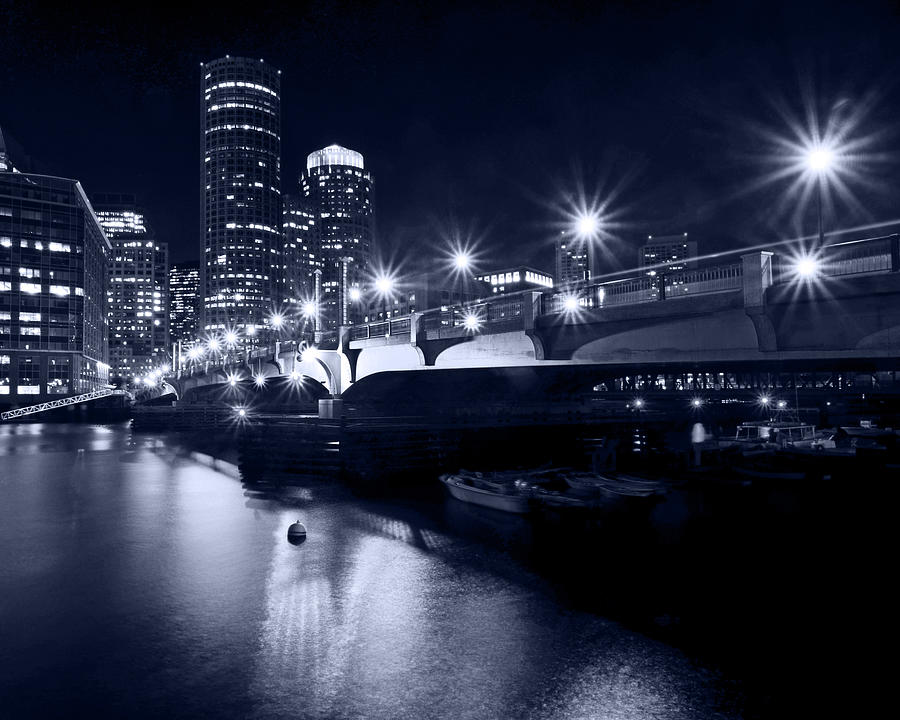 Monochrome Blue Nights Seaport Boulevard Boston at night Photograph by Toby McGuire