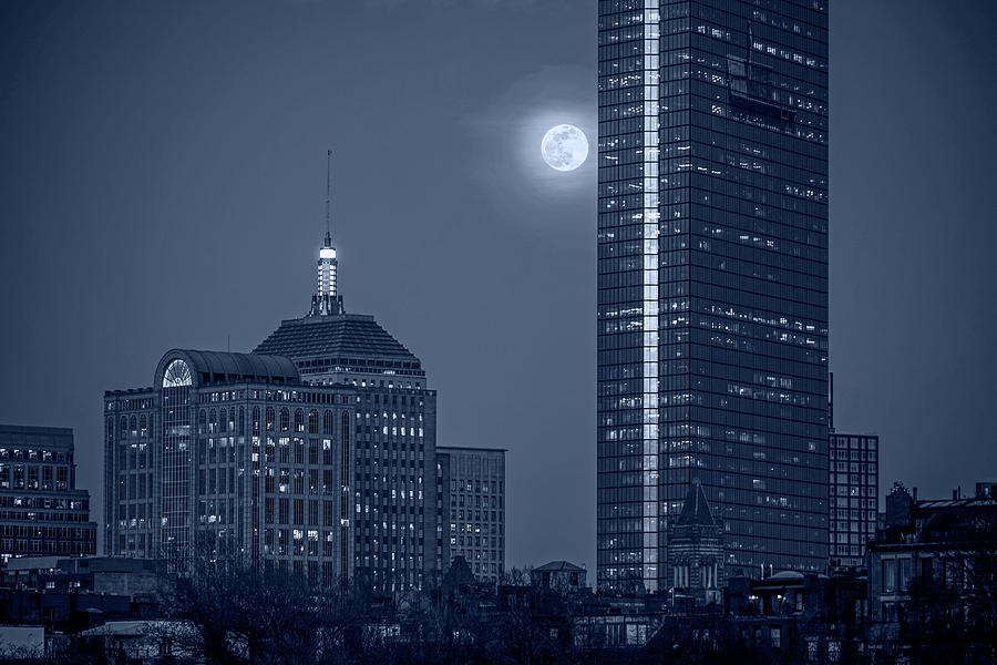 Monochrome Blue Nights The Moon Rising over Boston Photograph by Toby McGuire