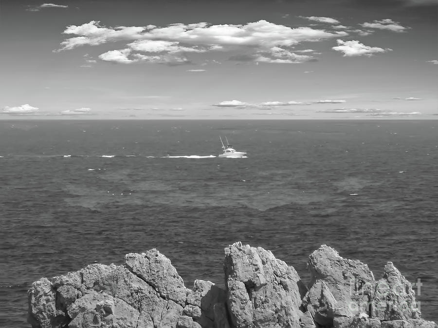 Monochrome Boat going out to sea, Sa Pinta des Pon, Spain Photograph by Pics By Tony