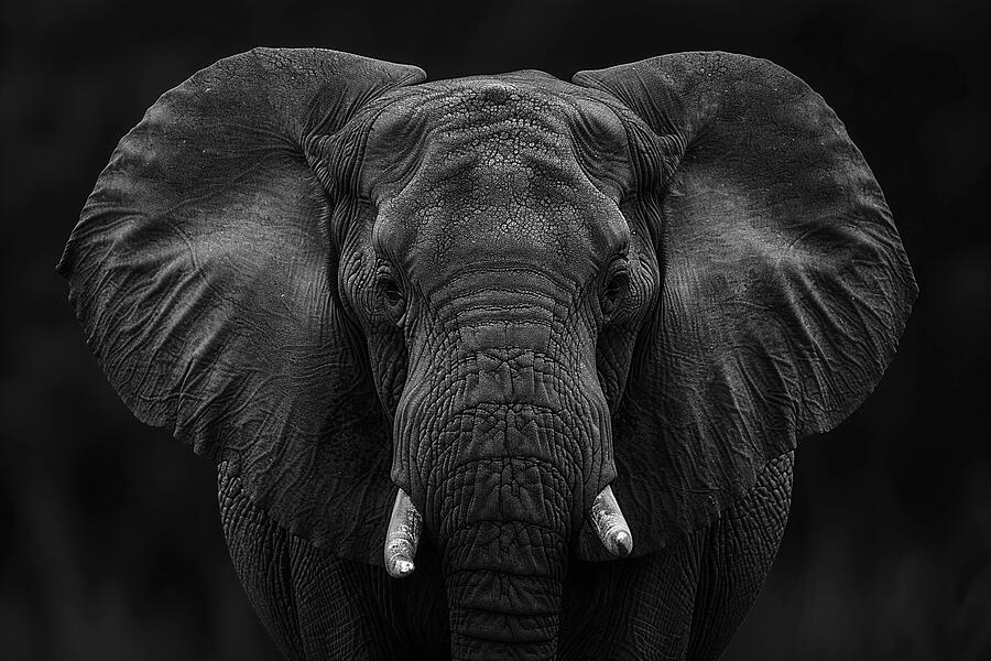 Wildlife Photograph - Monochrome close-up of an African elephant with tusks, against a dark background. by David Mohn