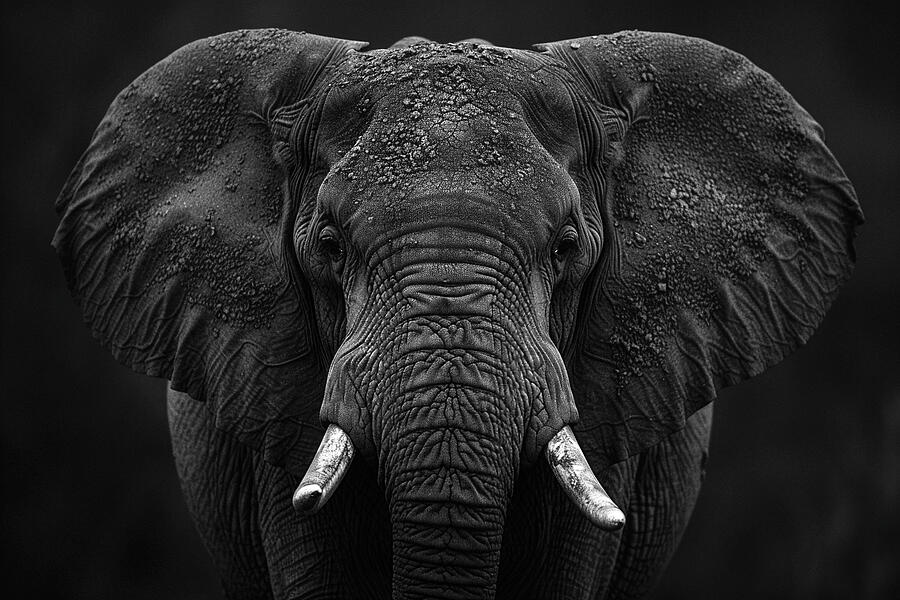Wildlife Photograph - Monochrome close-up of an African elephant with tusks, against a dark background, showcasing detailed texture. by David Mohn