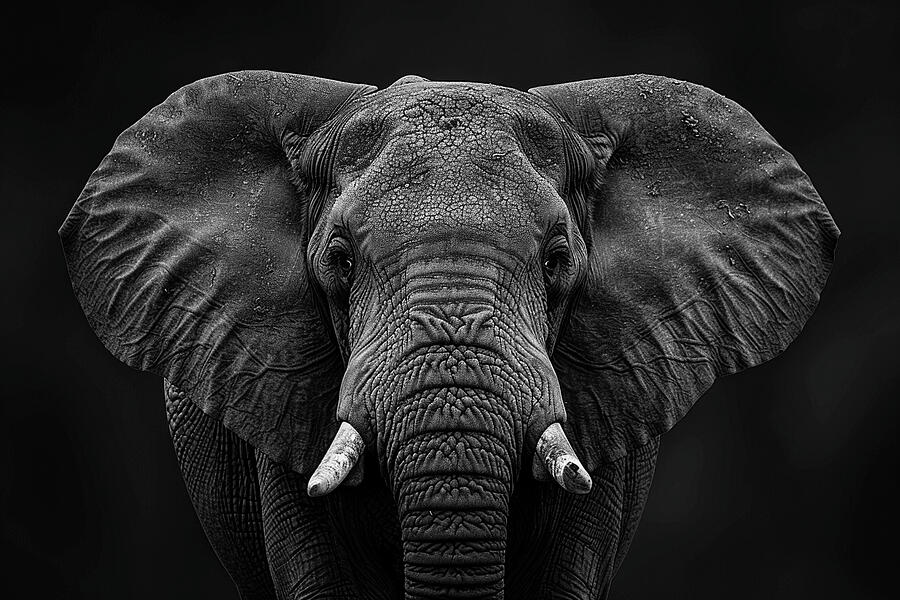Wildlife Photograph - Monochrome close-up of an African elephant with tusks, against a dark background, showcasing texture and detail. by David Mohn