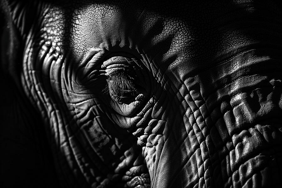 Wildlife Photograph - Monochrome close-up texture of elephant skin, highlighting intricate patterns and wrinkles. by David Mohn