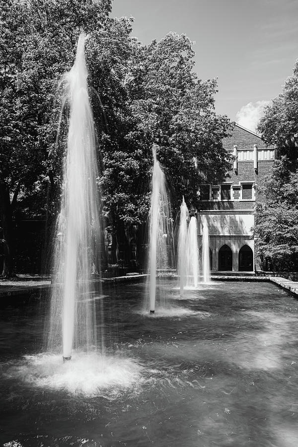 Monochrome Fountain Serenade - The Harmonious Dance of Water and Architecture at Hendrix College Photograph by Gregory Ballos