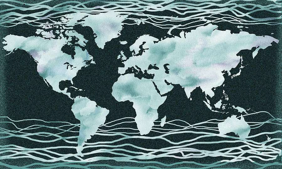 Monochrome Gray Wave World Map Silhouette  Painting by Irina Sztukowski