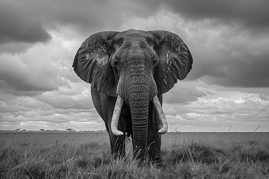 Wildlife Photograph - Monochrome image of a majestic elephant standing in the savannah with dramatic clouds in the sky. by David Mohn