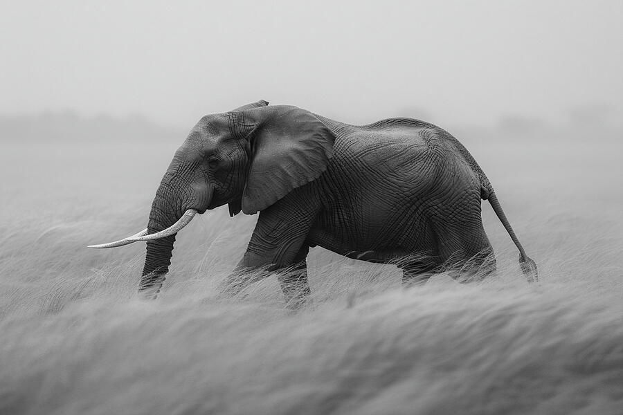 Wildlife Photograph - Monochrome image of an elephant walking through tall grass in a misty environment. by David Mohn