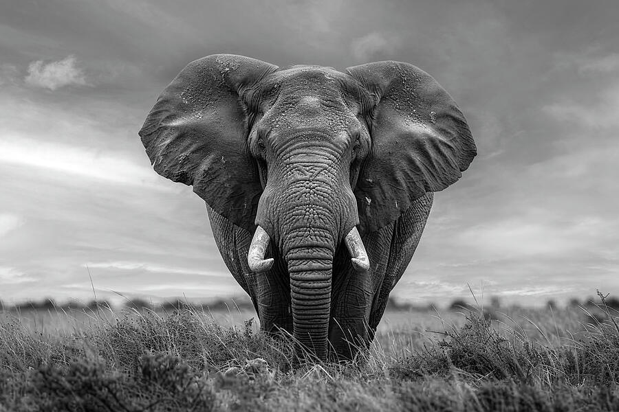 Wildlife Photograph - Monochrome image of an elephant with large ears spread, standing in an open field under a cloudy sky. by David Mohn