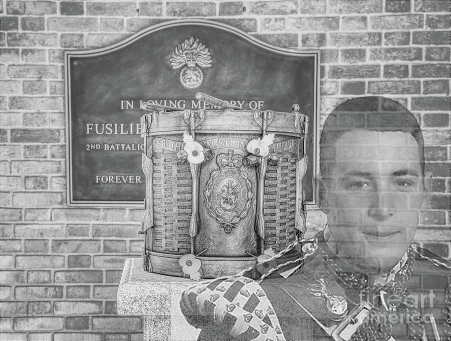 Monochrome Lee Rigby memorial bronze drum and plaque Middleton, memorial garden Photograph by Pics By Tony