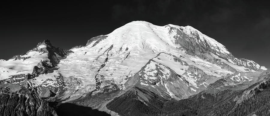 Nature Photograph - Monochrome Majesty, Mount Rainiers Glaciated Peak by Pierre Leclerc Photography