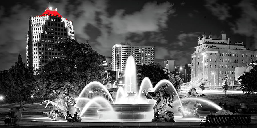 Monochrome Memorial Fountain Serenade With A Scarlet Solo - Kansas City Panorama Photograph by Gregory Ballos