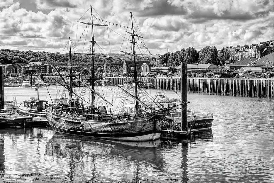 Nature Photograph - Monochrome of a three masted ship in Whitby Harbour, UK by Pics By Tony