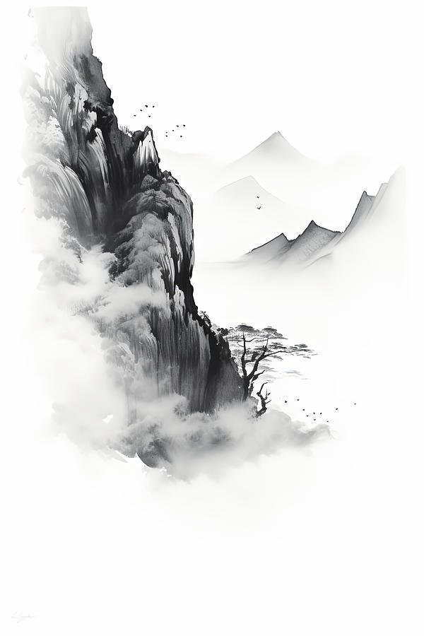 Monochrome Peaks - Minimalist Mountain Majesty Painting by Lourry Legarde