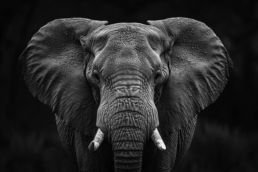 Wildlife Photograph - Monochrome portrait of an African elephant with a dark background, showcasing detailed texture on its skin and ears. by David Mohn