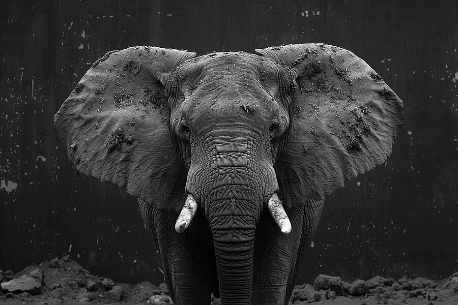 Wildlife Photograph - Monochrome portrait of an elephant with tusks, facing forward with ears spread, on a dark background. by David Mohn
