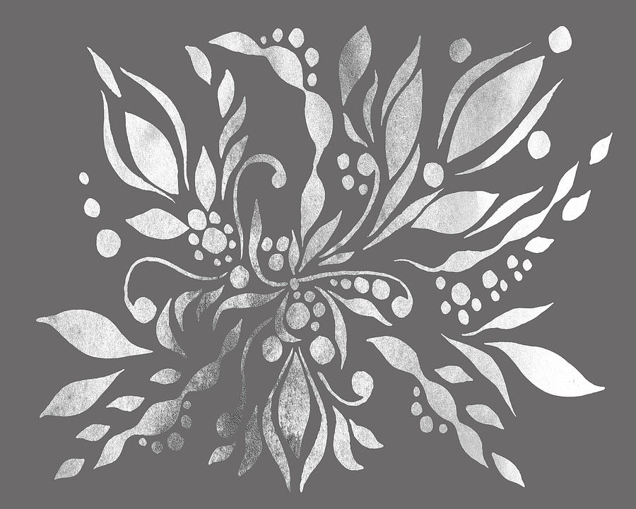 Monochrome Silver Gray Floral Design With Leaves Berries Flowers Pattern I Painting by Irina Sztukowski