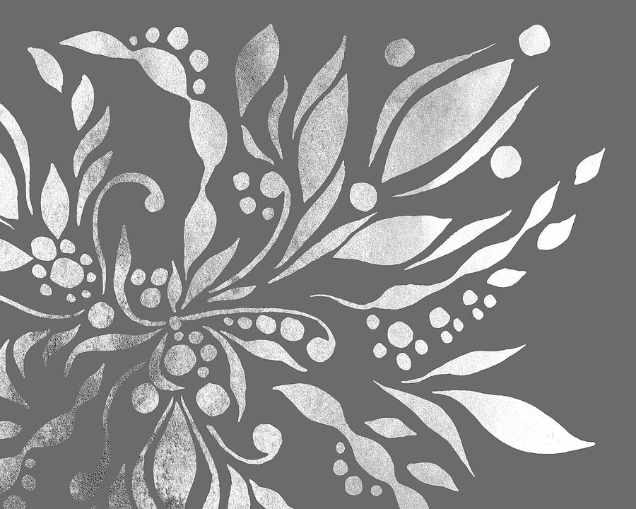 Monochrome Silver Gray Floral Design With Leaves Berries Flowers Pattern II Painting by Irina Sztukowski