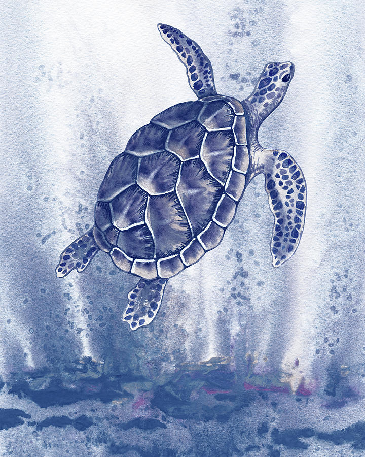 Monochrome Ultramarine Blue Turtle Watercolor  Painting by Irina Sztukowski