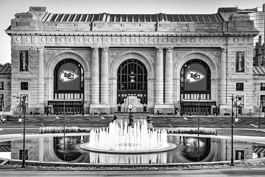 Monochrome Union Station of Kansas City - Chiefs Football Banners Photograph by Gregory Ballos