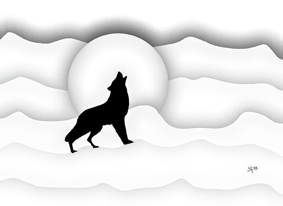 Monochrome Wolf Silhouette-Howling at the Moon Mixed Media by Shelli Fitzpatrick