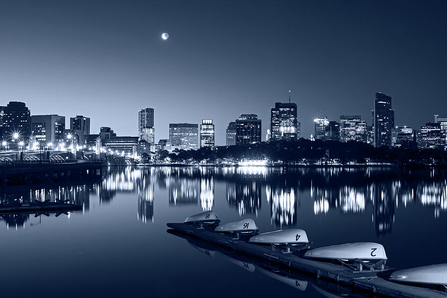 Monochrome Blue Nights Crescent Moon over the Charles River Beautiful Reflection Boston MA Photograph by Toby McGuire