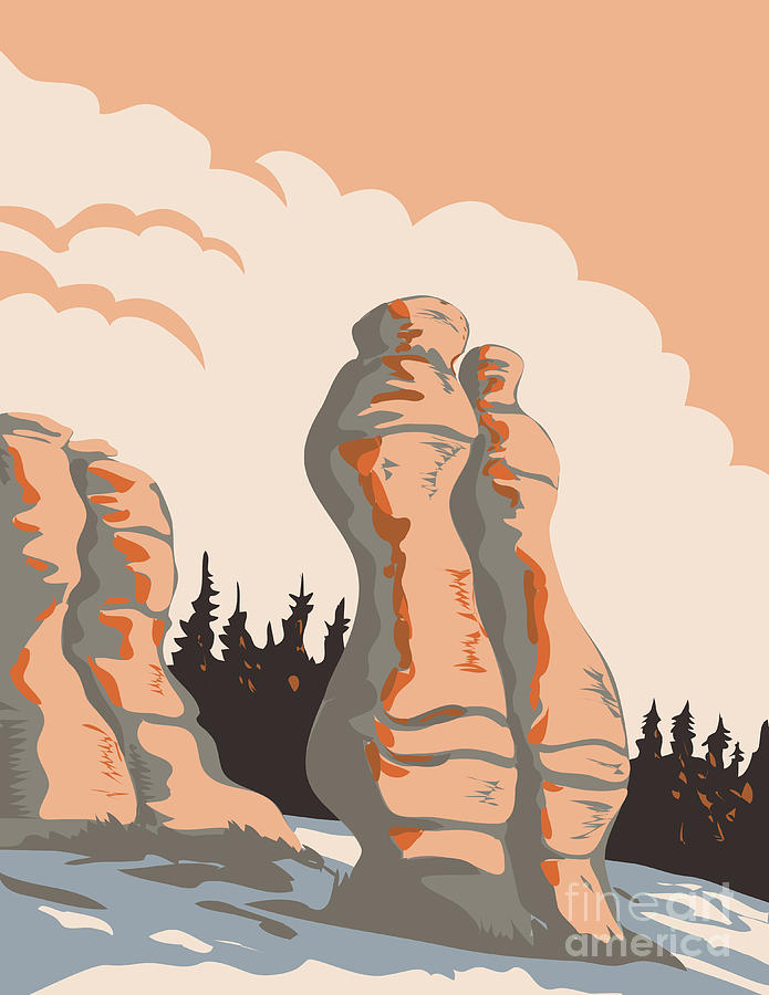 Sunset Digital Art - Monoliths of Mingan Archipelago National Park Reserve Quebec Canada WPA Poster Art by Aloysius Patrimonio