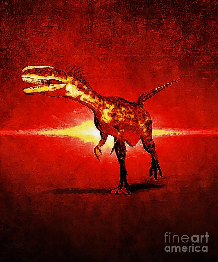 Prehistoric Digital Art - Monolophosaurus with Abstract Red Effect by Douglas Brown